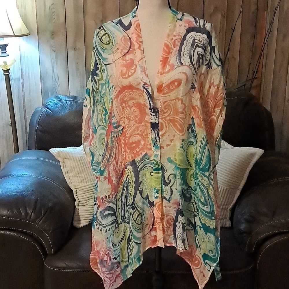 CHICO'S Womens L/XL Button Down Linen Kimono Top/Cover Up Floral Short Sleeve